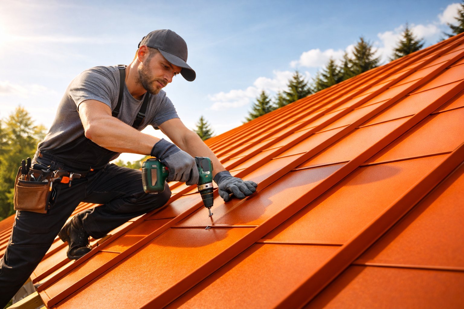 Dachdecker montiert ein Metalldach